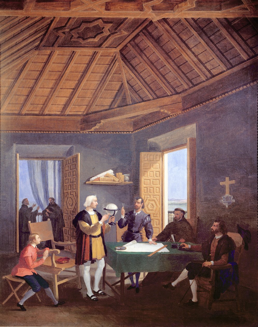 Cristóbal Colón, acompañado por su hijo Diego, explica sus planes de exploración al prior del monasterio franciscano de Santa María de la Rábida, al médico García Fernández y a Alonso Pinzón de Juan Cabral Bejarano