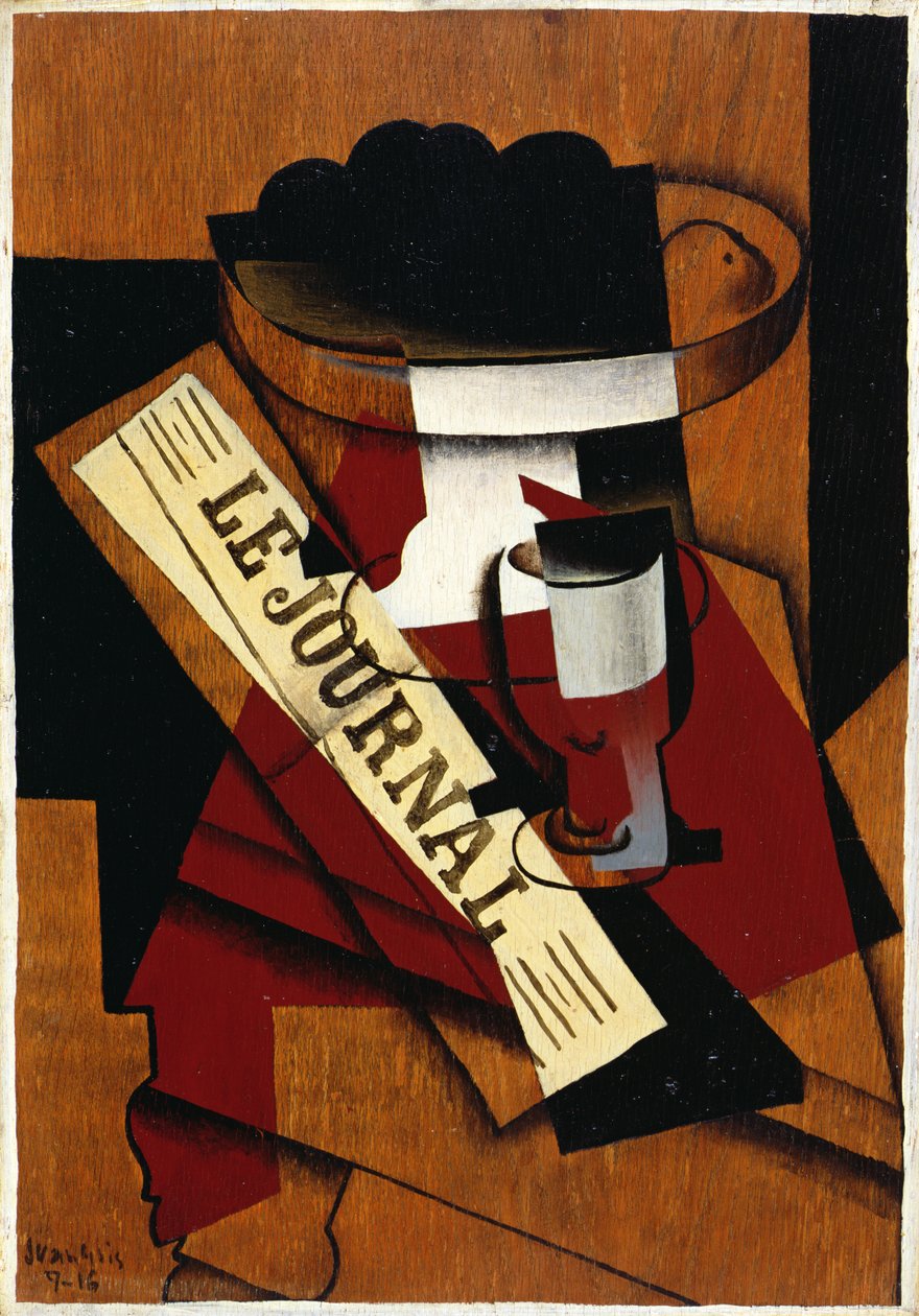 Plato de frutas, vaso y periódico, 1916 de Juan Gris