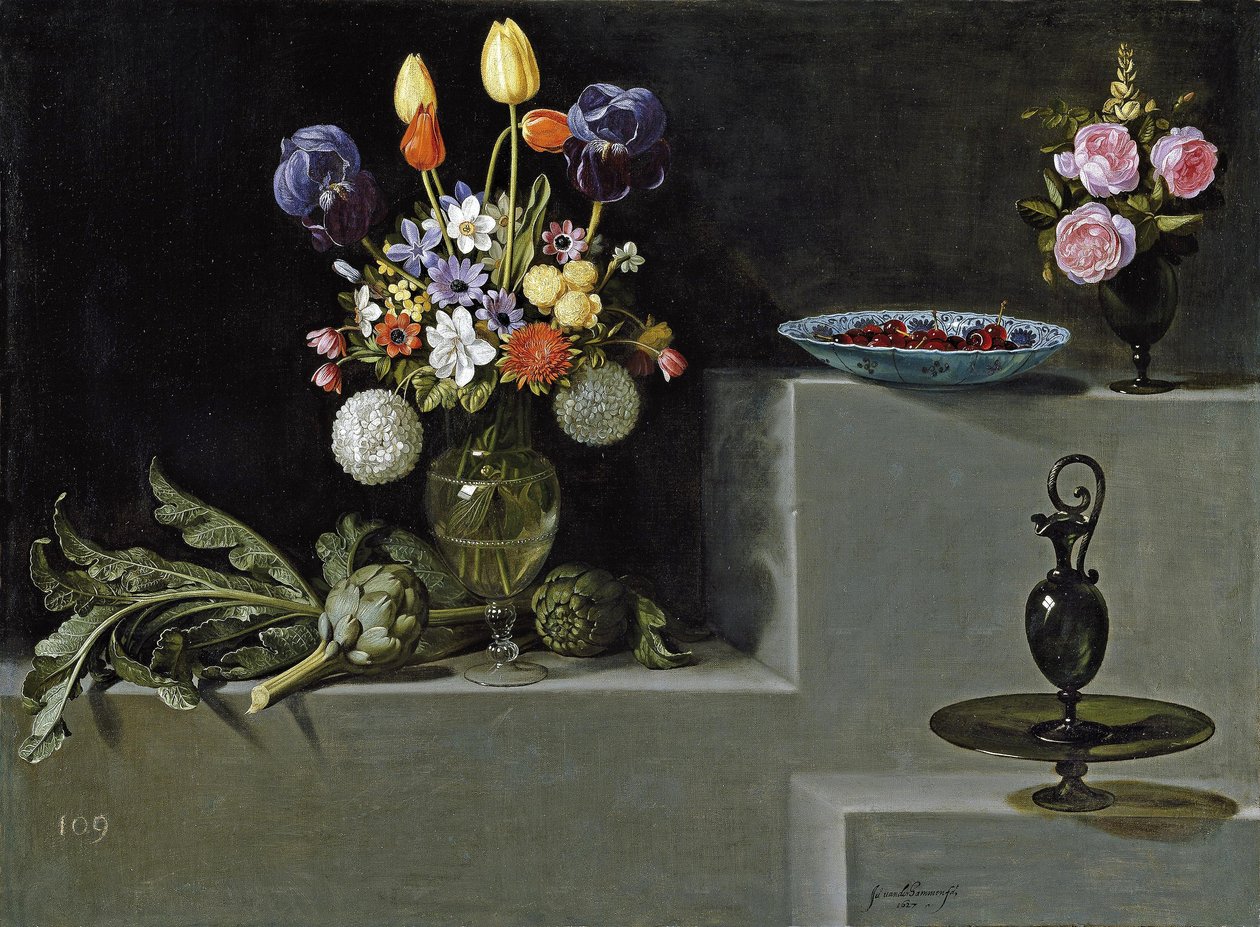 Naturaleza muerta con flores, alcachofas, cerezas y cristalería de Juan van der Hamen