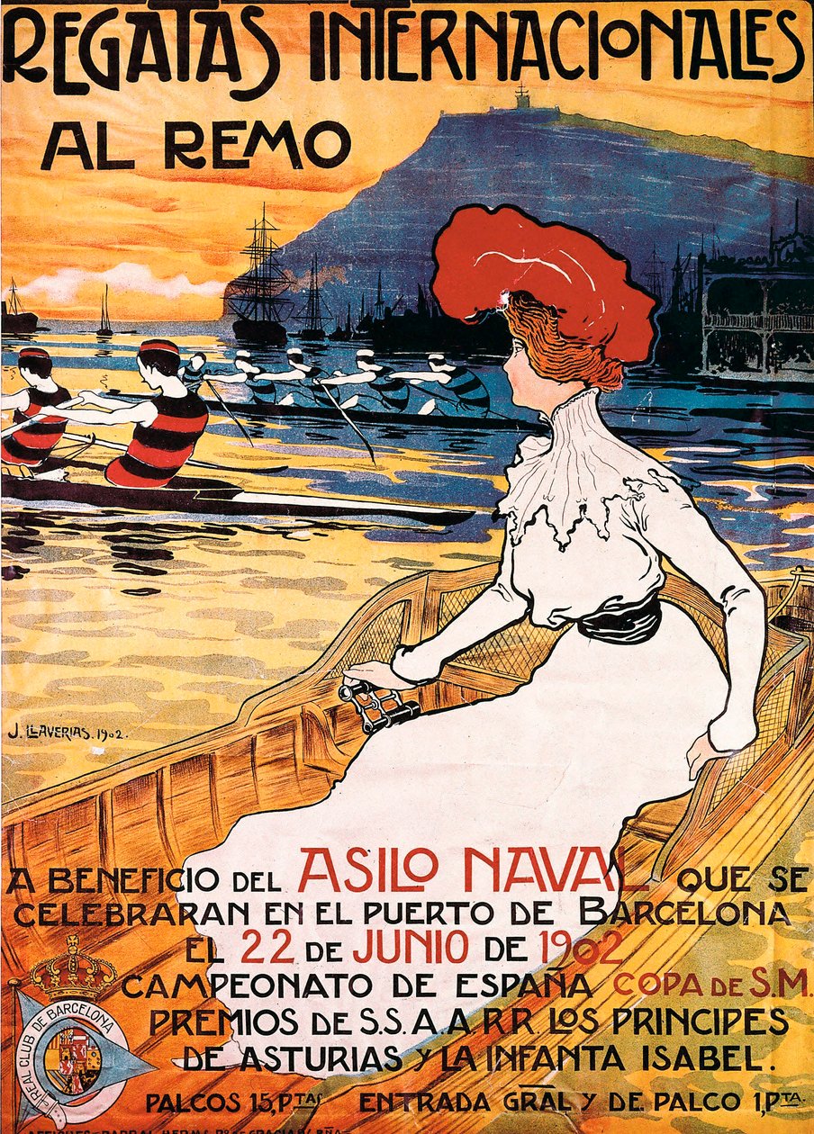 Cartel de un evento deportivo ""Regata Internacional de Remo"", ilustración de Joan Llaverias i Labro (1865-1938). 22/06/1902. DR de Juan Llaverias Llabro
