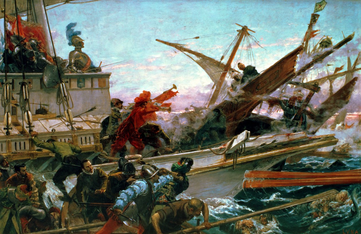 La batalla naval de Lepanto, librada por Don Juan de Austria (1547-78) en 1571 de Juan Luna y Novicio