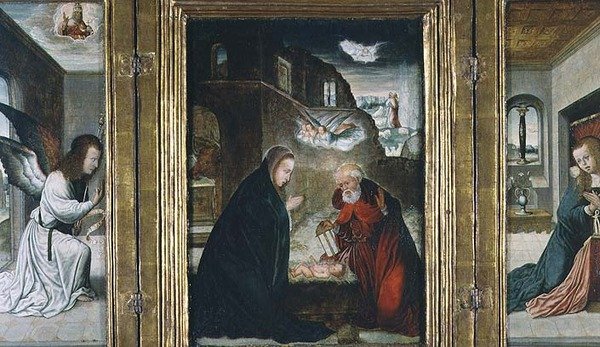 El nacimiento de Cristo Tríptico con la Natividad flanqueada por la Anunciación de Juan de (school of) Flandes