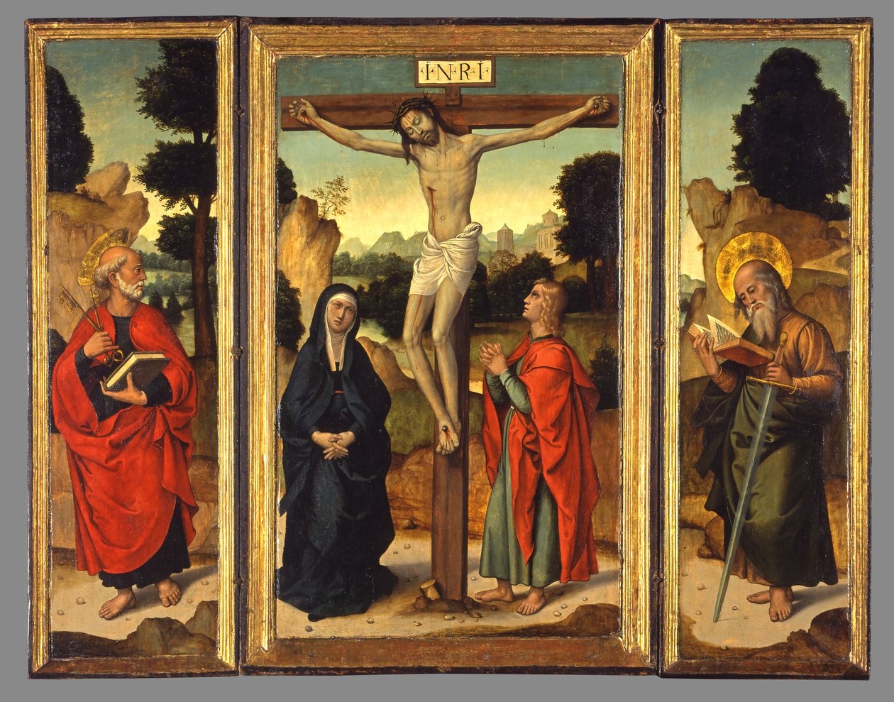 Crucifixión con la Virgen y los santos Juan el Evangelista, Pedro y Pablo, c.1520-1540 de Juan de Borgoña