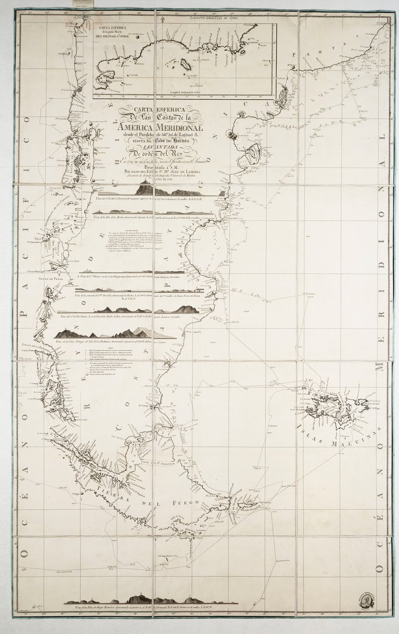 Mapa de Chile, Patagonia, Tierra del Fuego e Islas Malvinas, c.1798 (grabado) de Juan de Langara