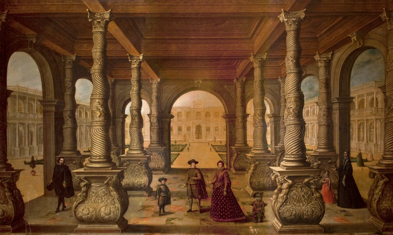 Felipe IV y su reina en una columnata, c.1630 (óleo sobre lienzo) de Juan de la Corte