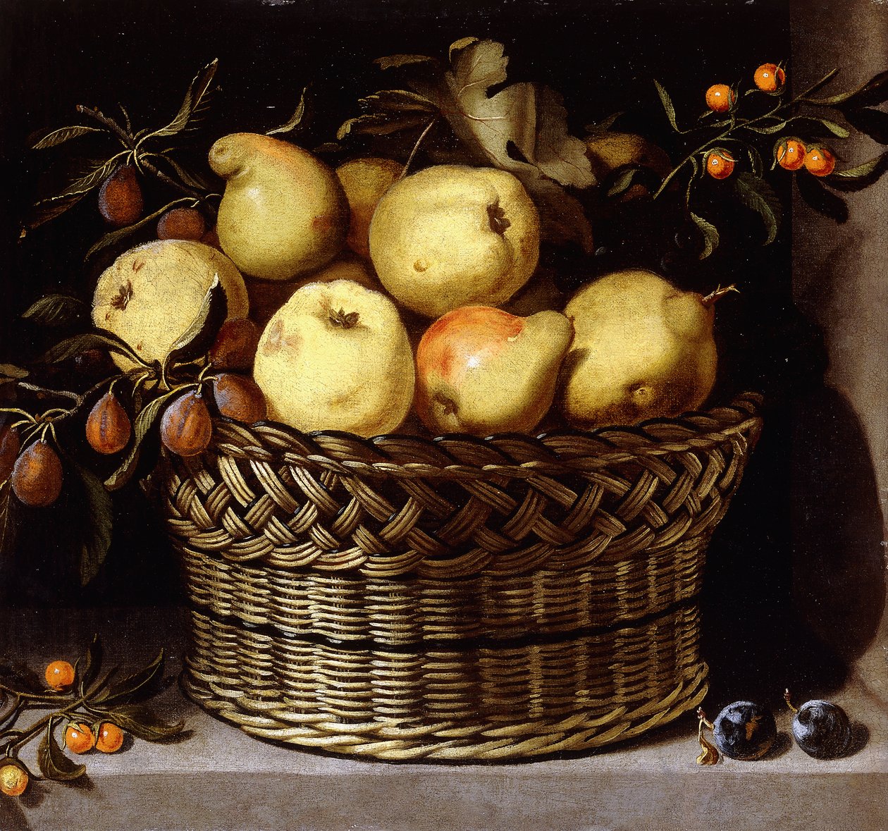 Una cesta de mimbre con frutas en un saliente de piedra de Juan van der Hamen y Leon
