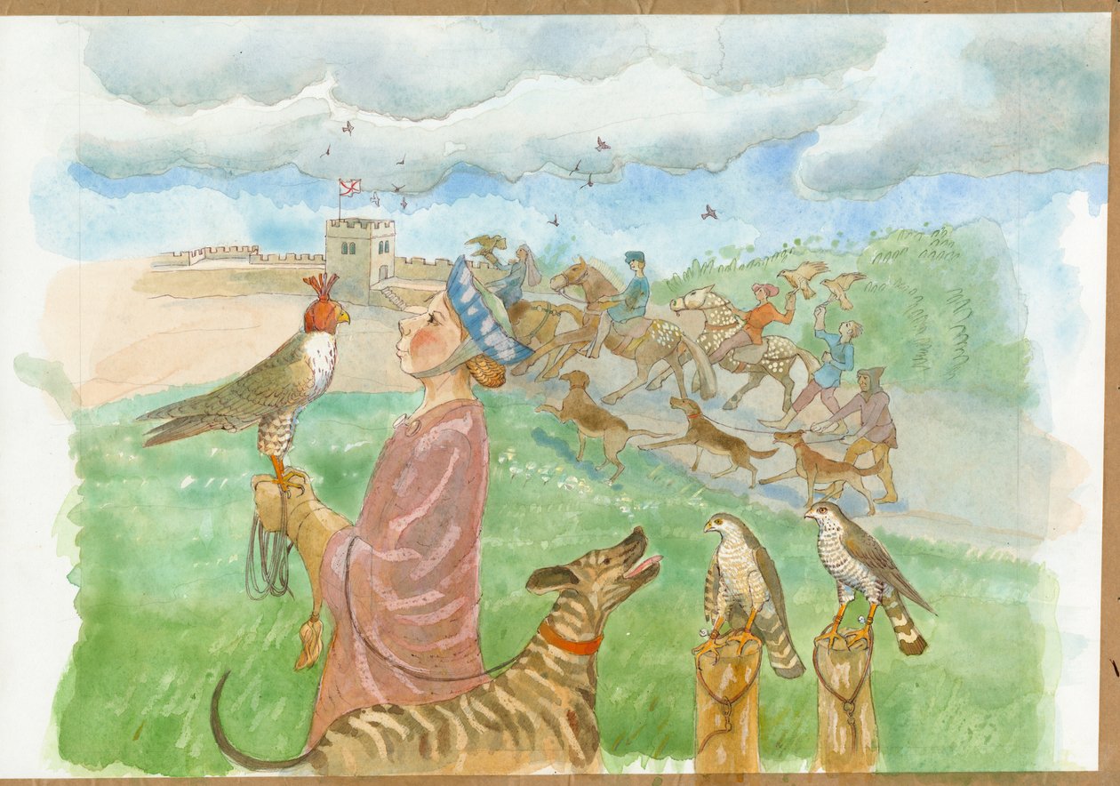 Una escena de caza altomedieval (acuarela sobre papel) de Judith Dobie