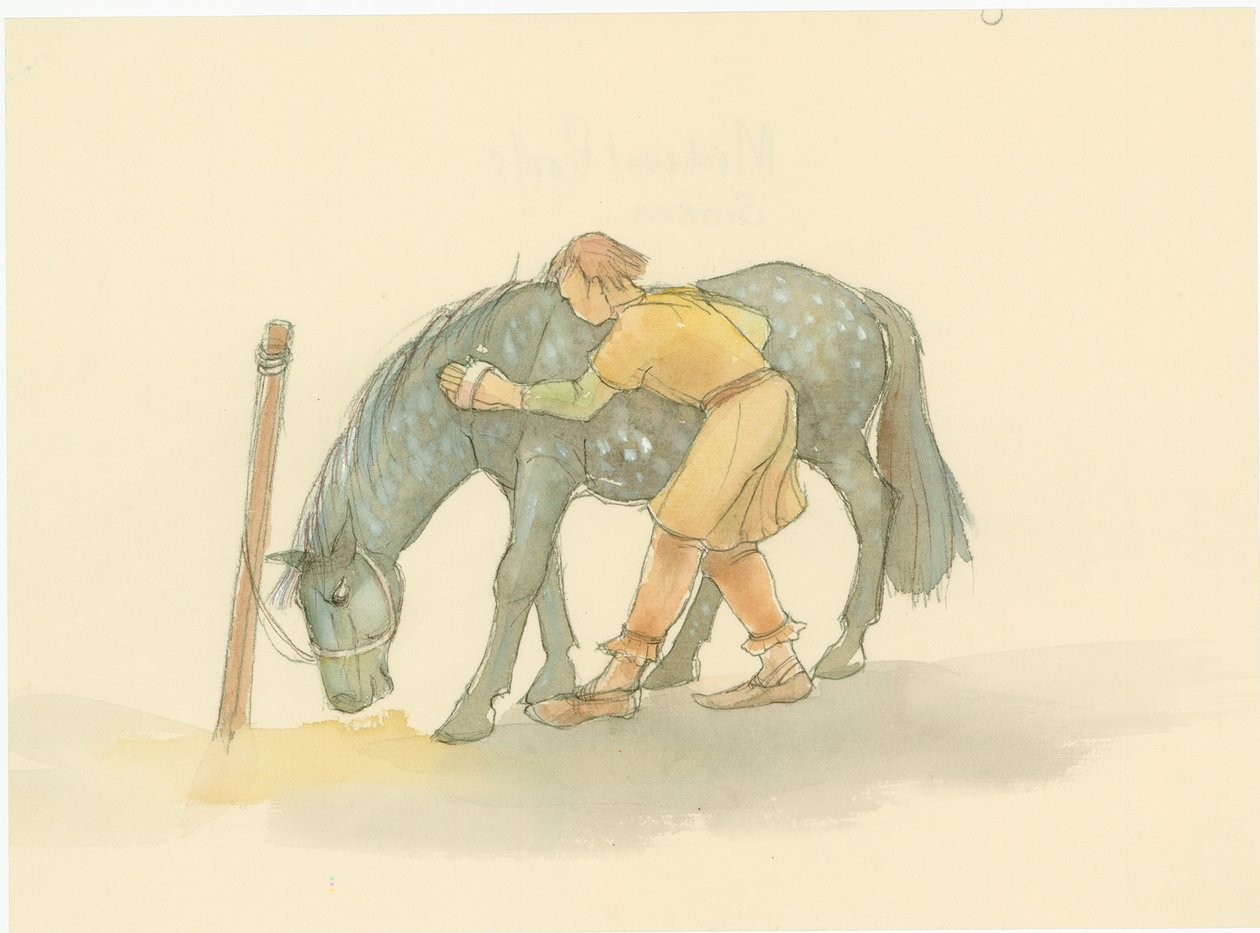 Un mozo medieval cepillando un caballo, 2004 de Judith Dobie