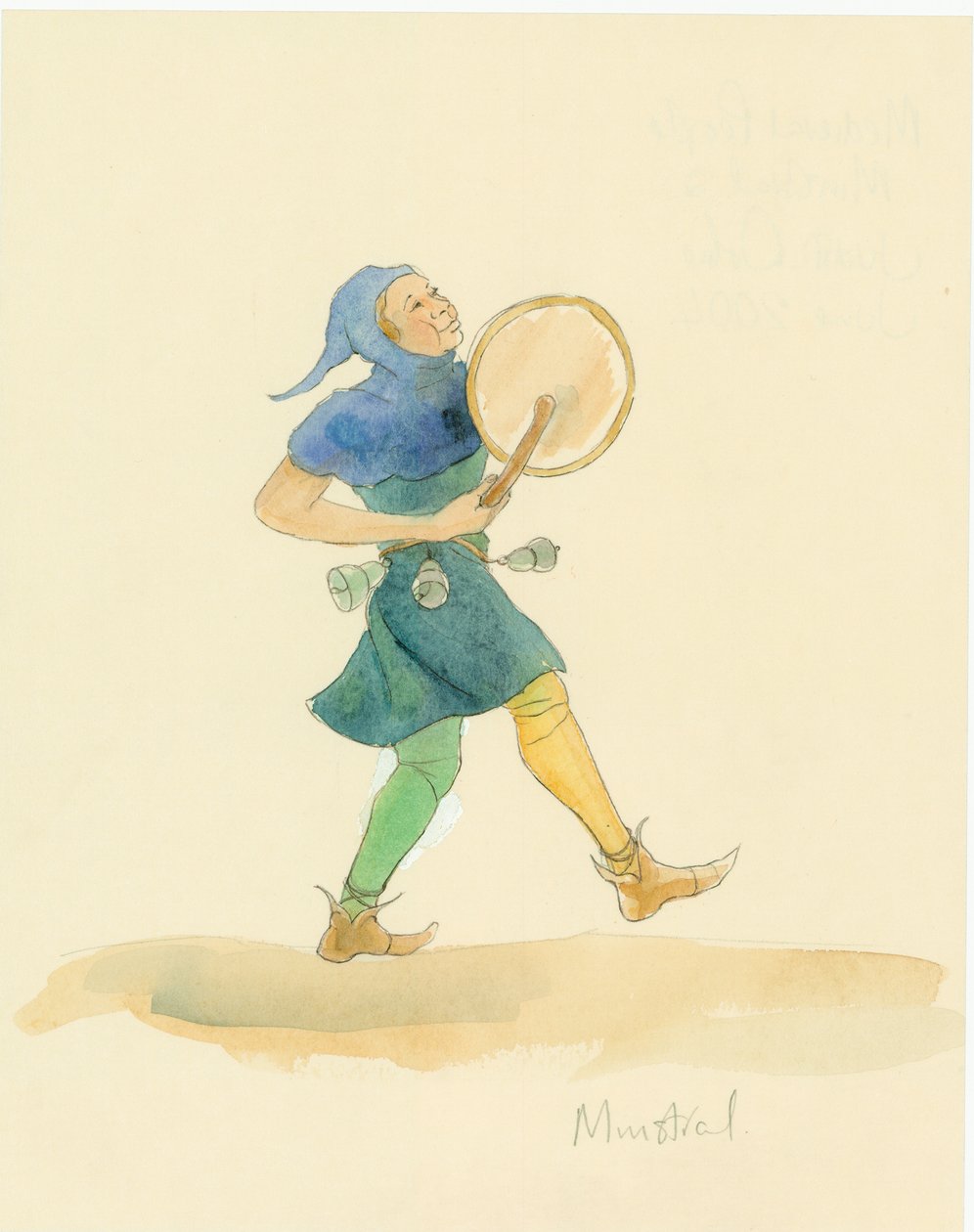 Un juglar medieval tocando un instrumento de percusión, posiblemente un tambor, 2004 de Judith Dobie