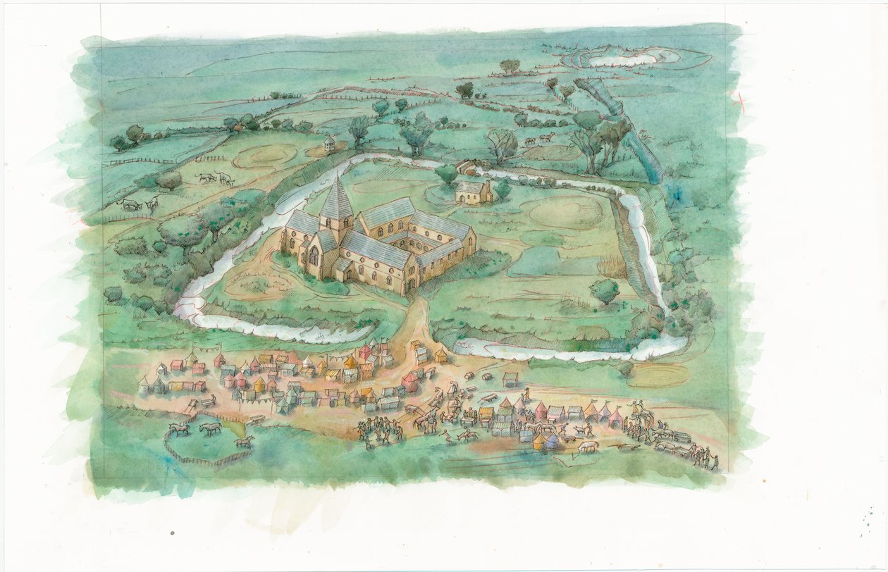 Reconstrucción pictórica de una vista oblicua del priorato de Latton tal y como era a finales del siglo XII. de Judith Dobie