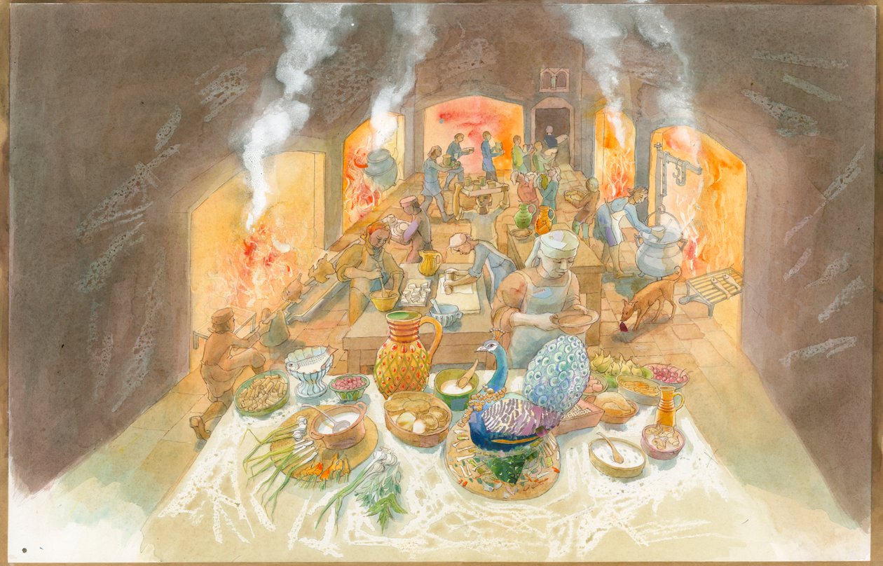 Una escena de cocina altomedieval (acuarela sobre papel) de Judith Dobie