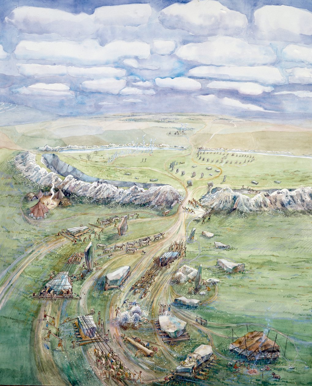 Avebury Henge en construcción (acuarela sobre papel) de Judith Dobie