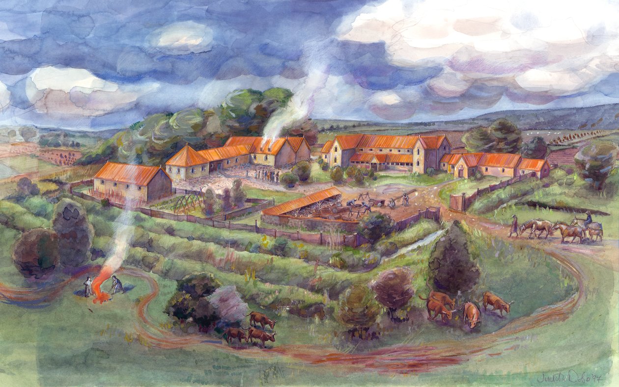 Villa romana de Gargrave, también conocida como Villa romana de Kirk Sink (acuarela sobre papel) de Judith Dobie