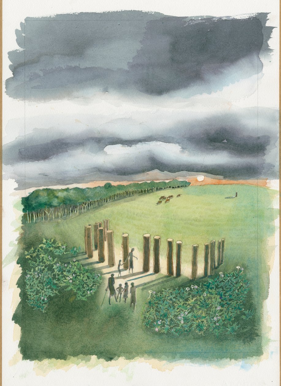 Reconstrucción neolítica de Raunds (acuarela sobre papel) de Judith Dobie