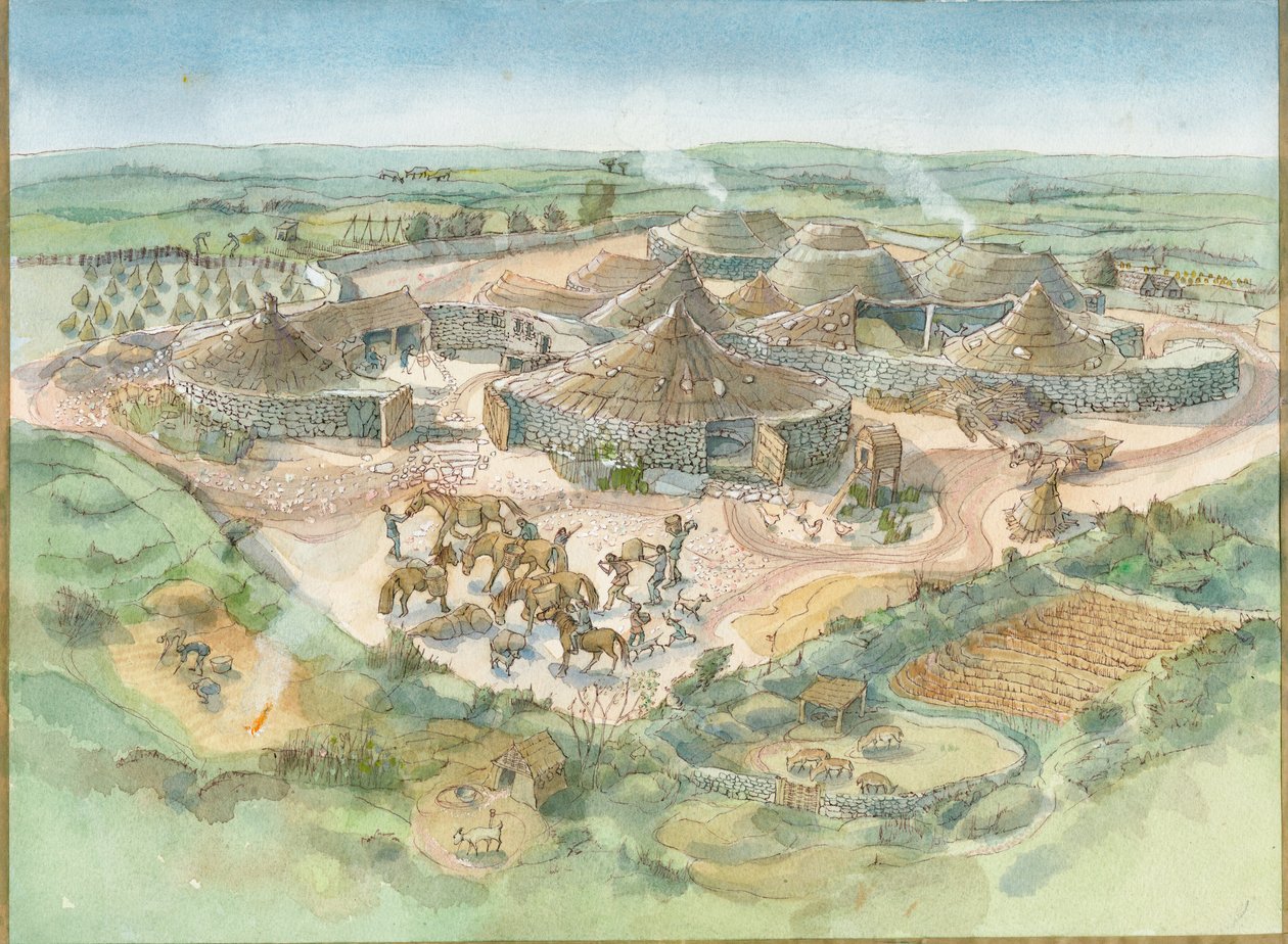Reconstrucción de Carn Euny (acuarela sobre papel) de Judith Dobie