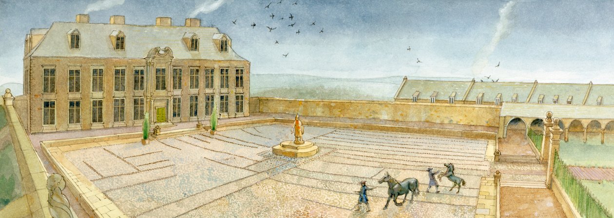 Salón de banquetes y patio delantero de la mansión Cholmley en la abadía de Whitby en 1700 (acuarela sobre papel) de Judith Dobie