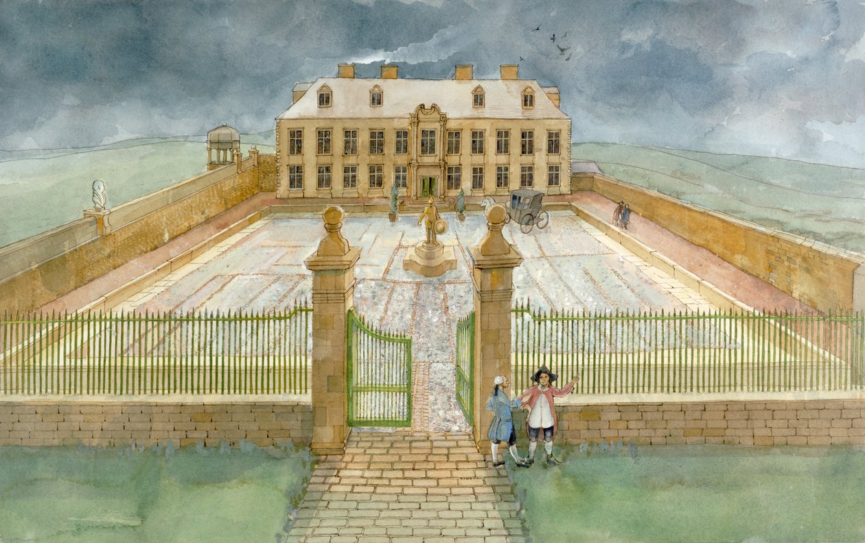 Salón de banquetes y patio delantero de la mansión Cholmley en la abadía de Whitby en 1700 (acuarela sobre papel) de Judith Dobie
