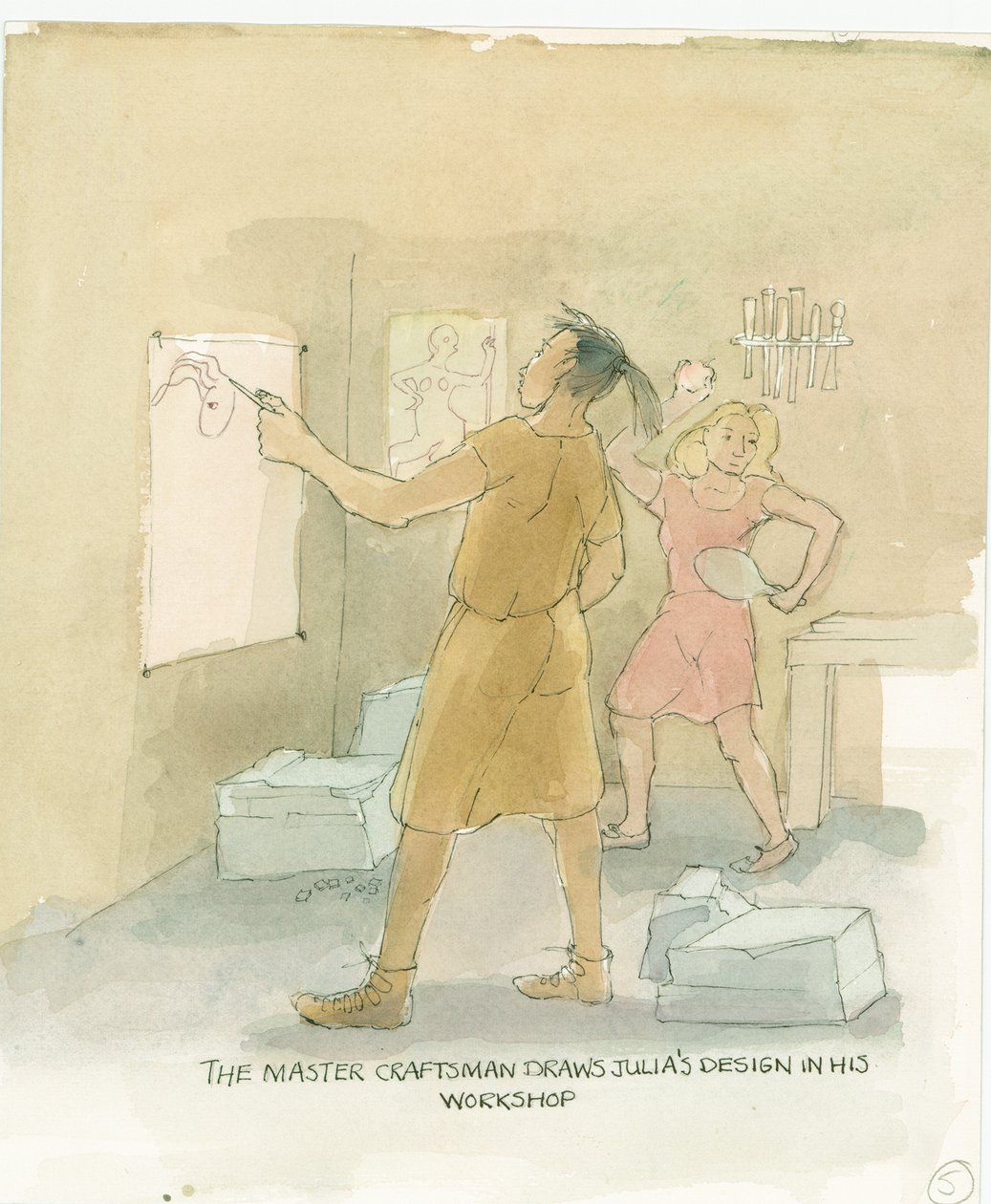 El maestro artesano dibuja diseños para el piso de mosaico de Julia, 2003 de Judith Dobie