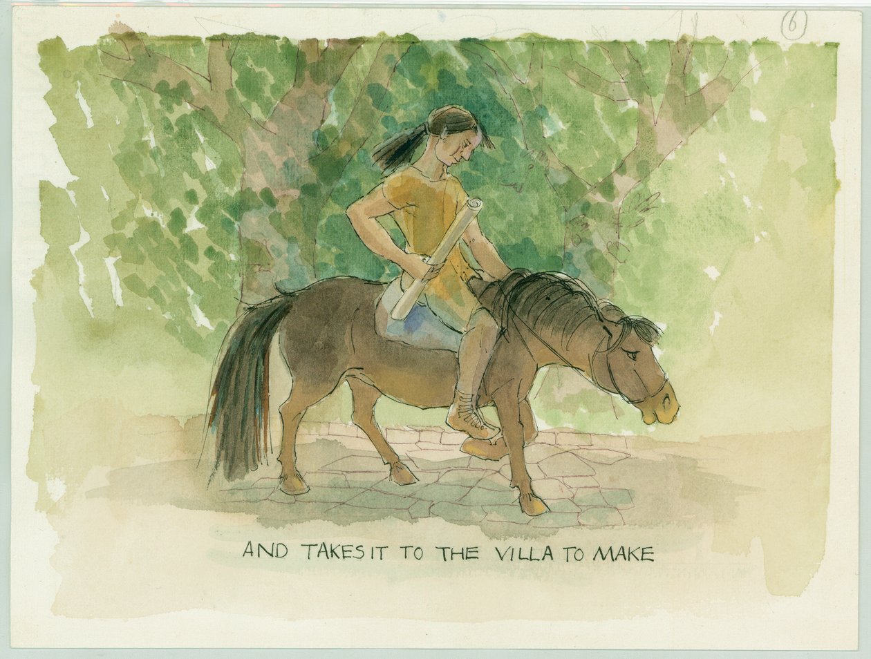 El maestro artesano lleva los diseños para el mosaico del suelo de Julia a la villa, 2003 de Judith Dobie