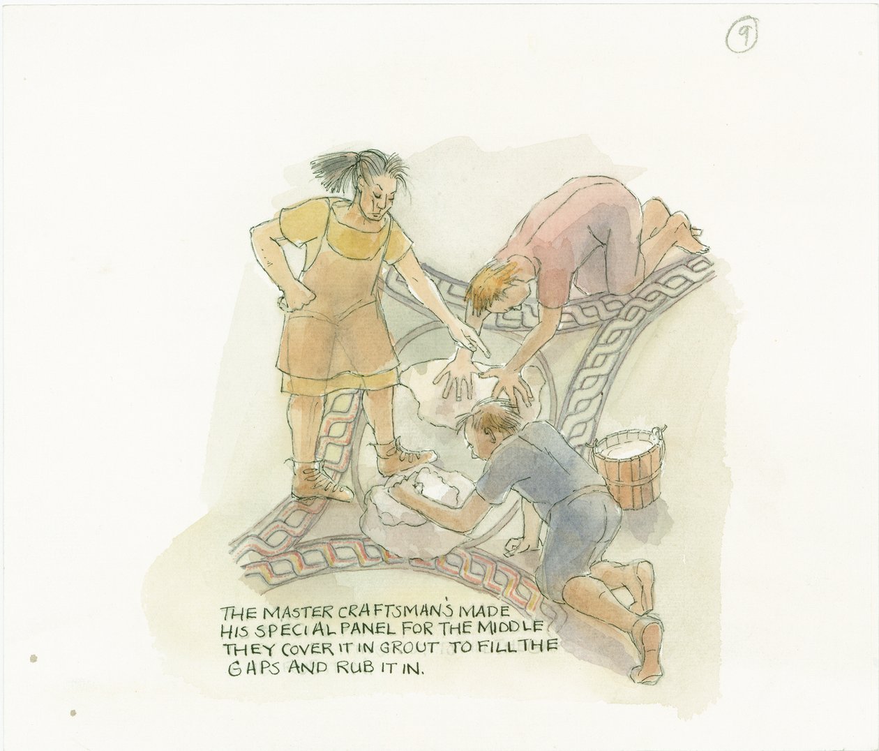 Dos trabajadores rejuntando un panel de piso hecho y supervisado por el maestro artesano de Judith Dobie