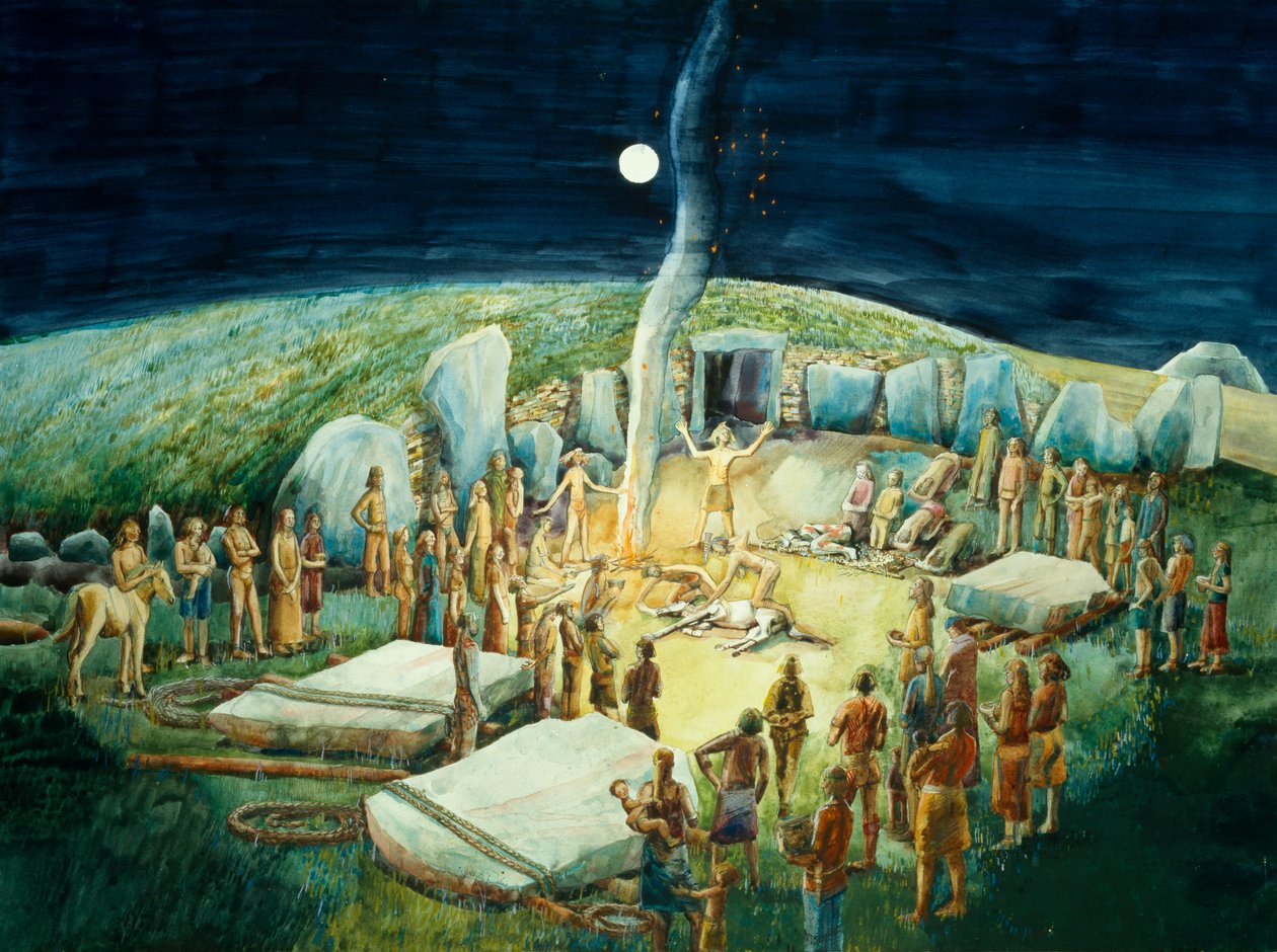 West Kennet Long Barrow, reconstrucción neolítica (acuarela sobre papel) de Judith Dobie