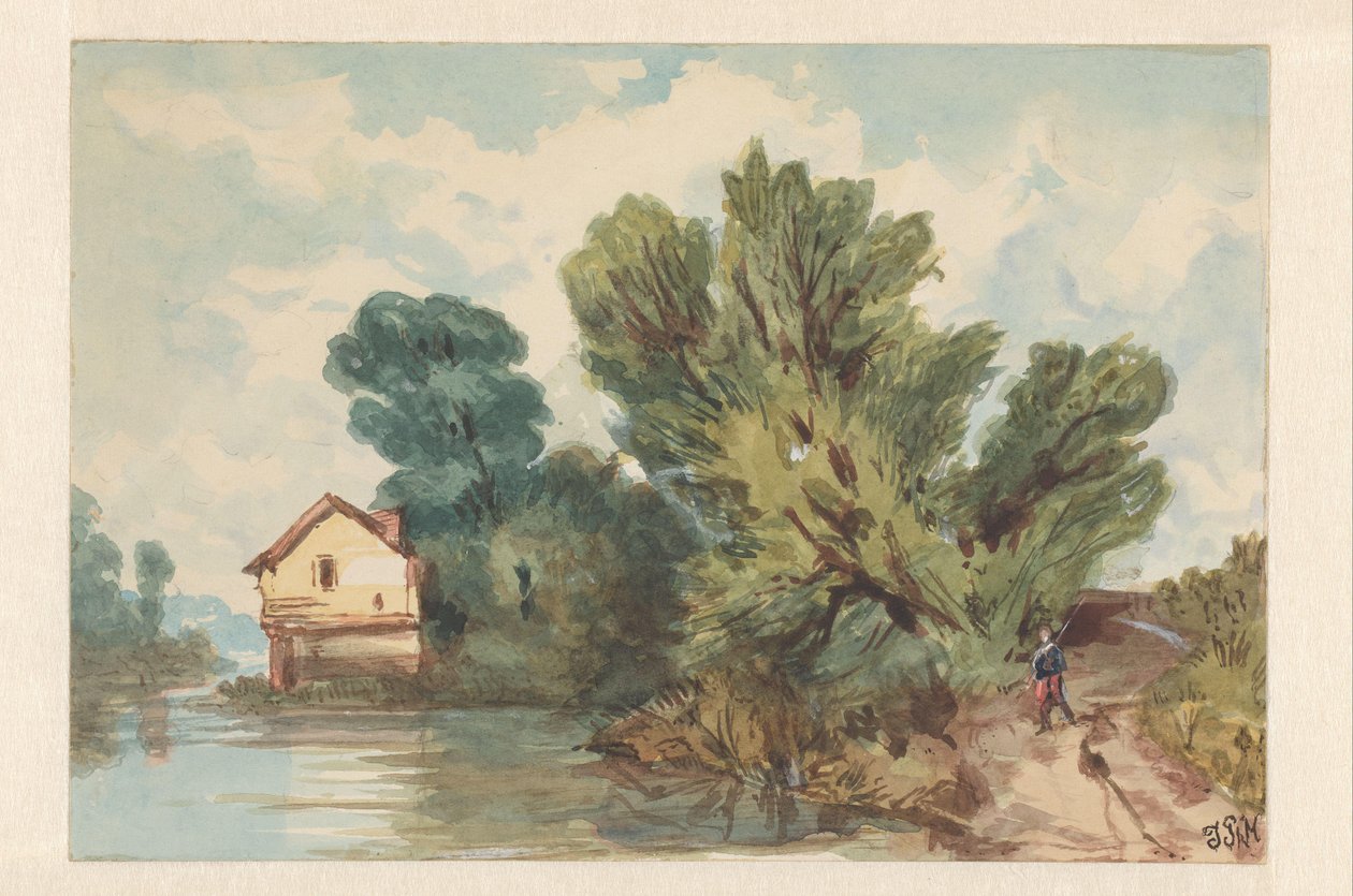 Paisaje con excursionista y casa frente al mar de Judith Ph. Metelerkamp (signed by artist)