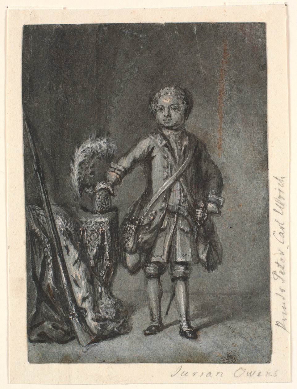 Retrato de niño de pie con equipo de caza; a la izquierda, mesa con sombrero de caza y rifle de cañón largo. ¿Príncipe Peter Carl Ulrich? de Jürgen Ovens