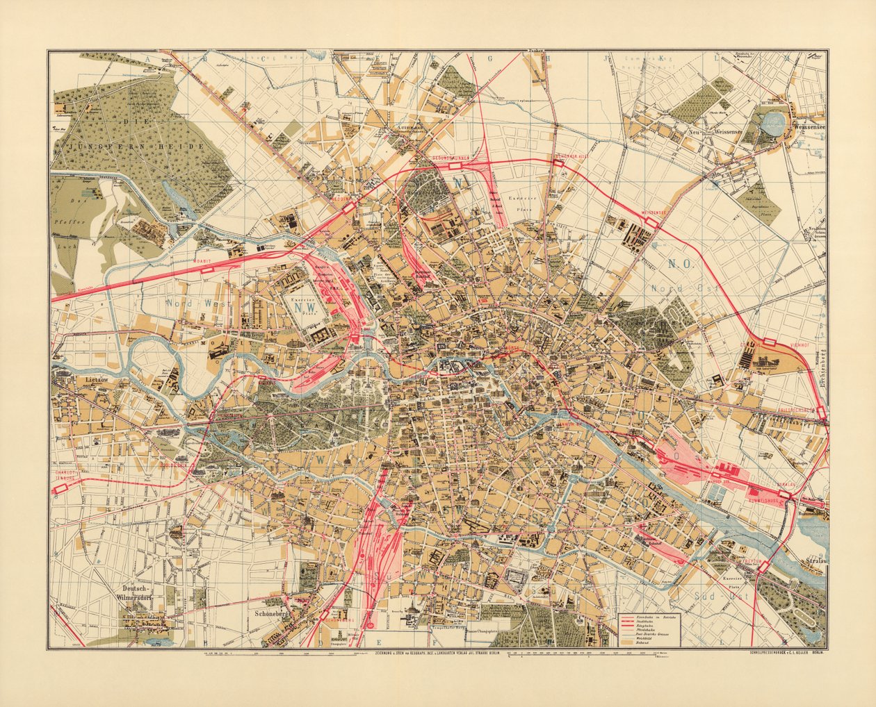 Mapa de Berlín, impreso por C.L. Keller, Berlín, 1890 de Jul. Straube