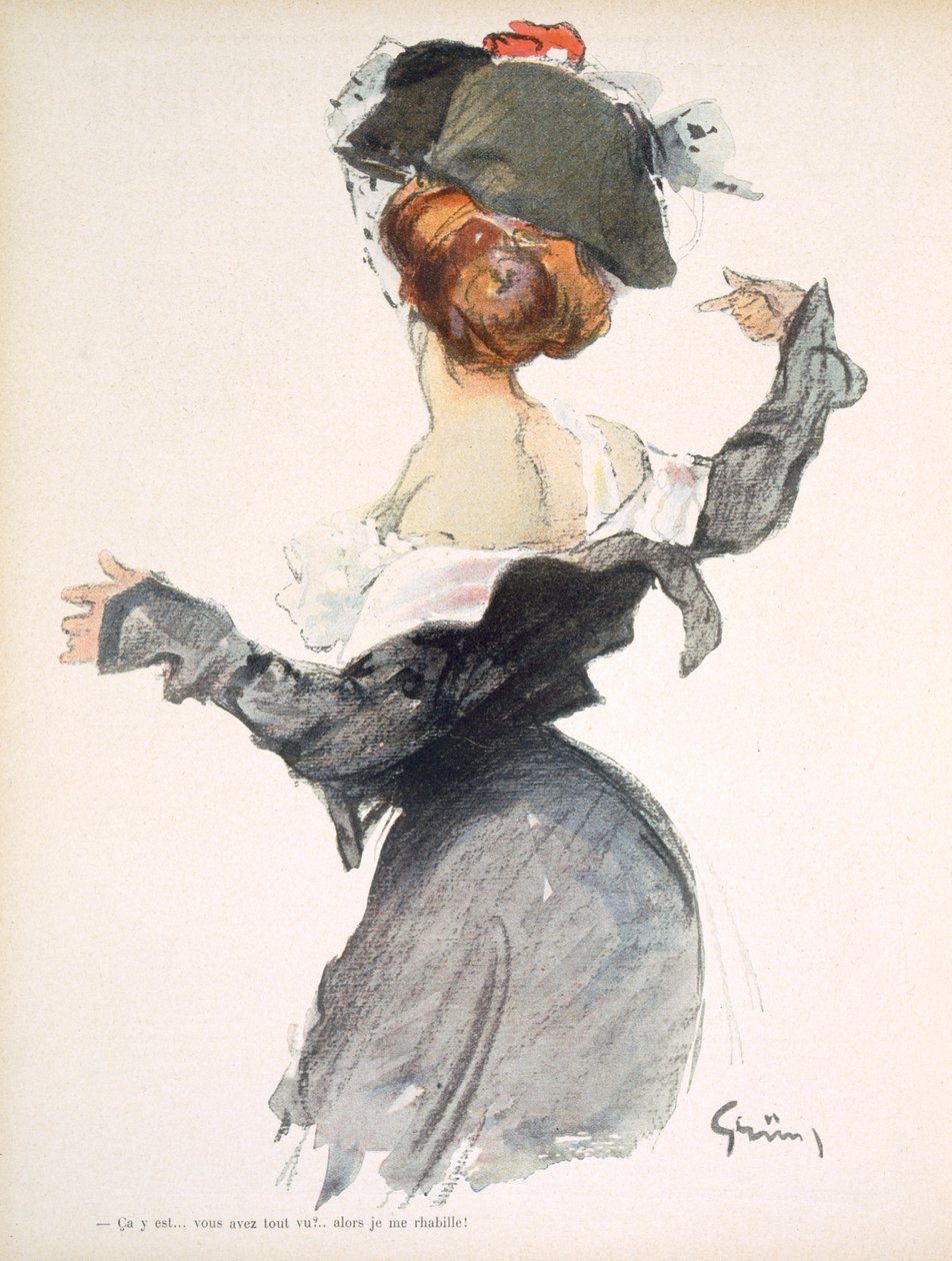 Caricatura de una mujer realizando un striptease apresurado durante la Primera Guerra Mundial, de 