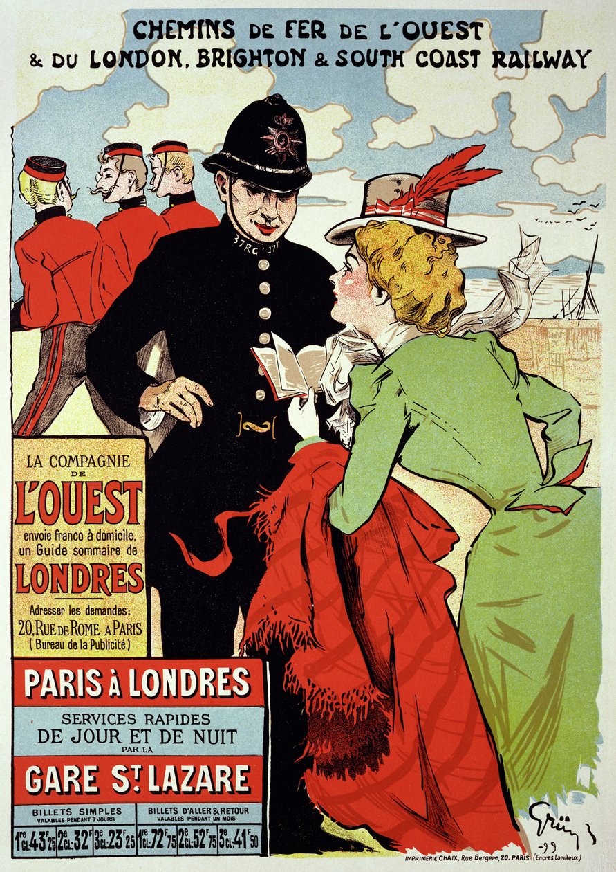 Reproducción de un cartel publicitario de trenes de París a Londres, 1899 de Jules Alexandre Gruen or Grun