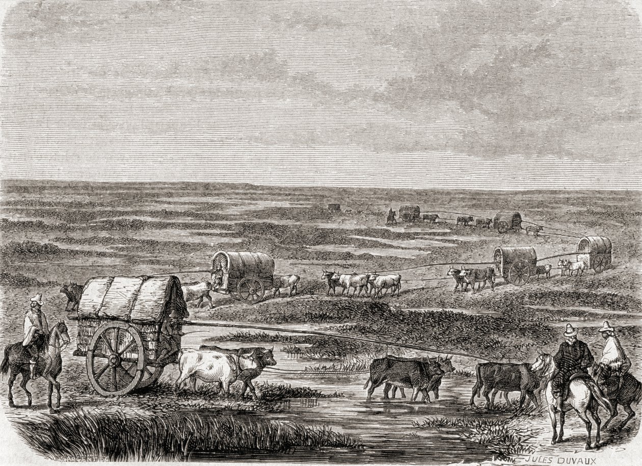 Tren de vagones en las Pampas argentinas en la década de 1860, grabado por Alfred Louis Sargent (n.1828) de Jules Antoine Duvaux