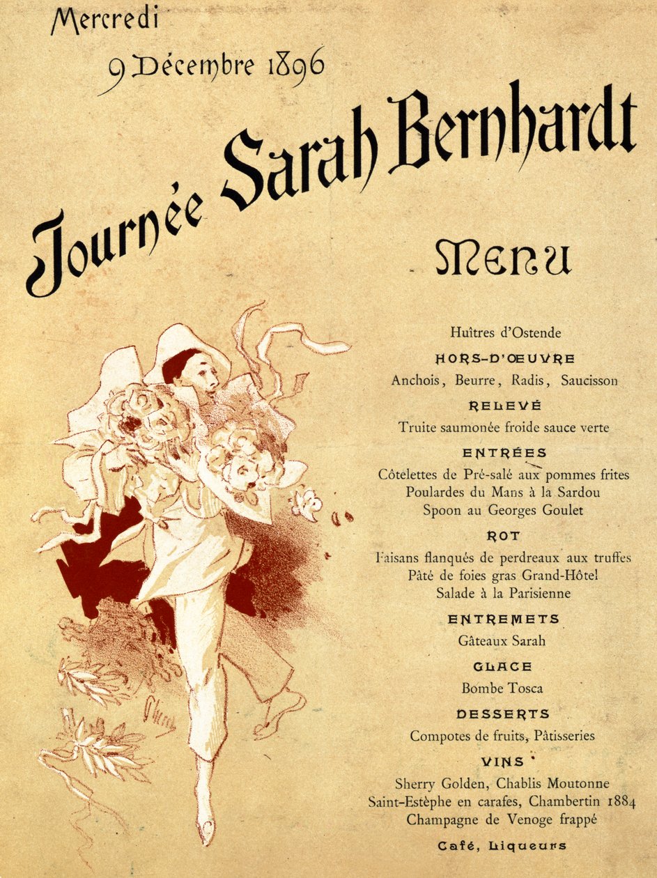 Miércoles 9 de diciembre de 1896, Jornada Sarah Bernhardt, Tarjeta de Menú, 1896 de Jules Cheret