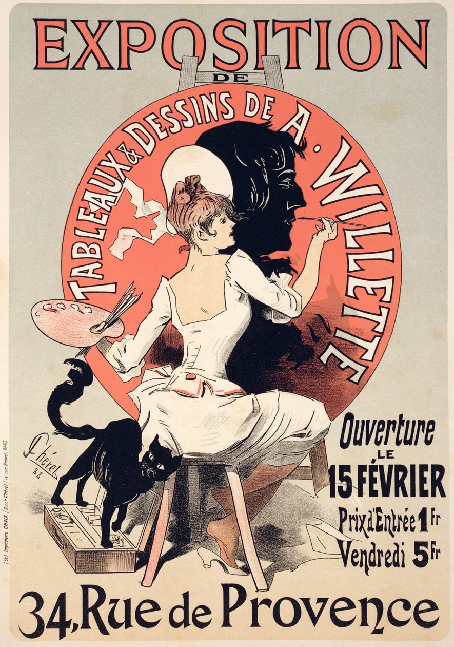 Reproducción de un cartel publicitario de una Exposición de las Pinturas y Dibujos de A. Willette, Rue de Provence, 1888 de Jules Cheret