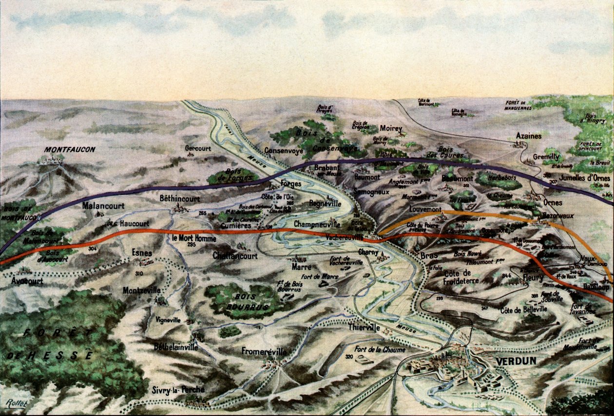 Fotografía de un mapa francés que muestra los campos de batalla de Verdún, septiembre de 1916 de Jules Gervais Courtellemont