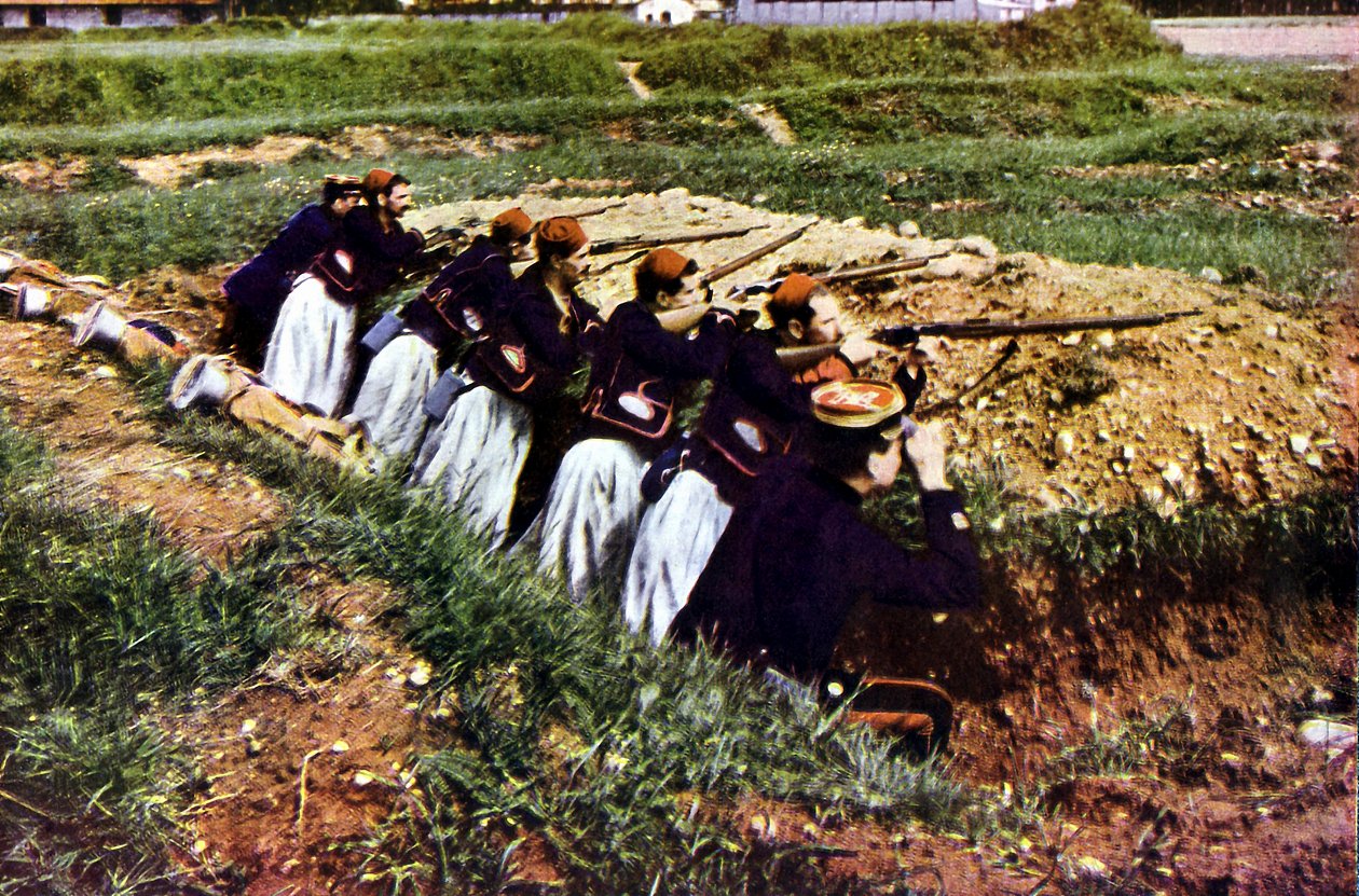 Tropas de infantería zuavos del ejército francés en Barcy durante la Batalla del Marne al este de París, septiembre de 1914 de Jules Gervais Courtellemont