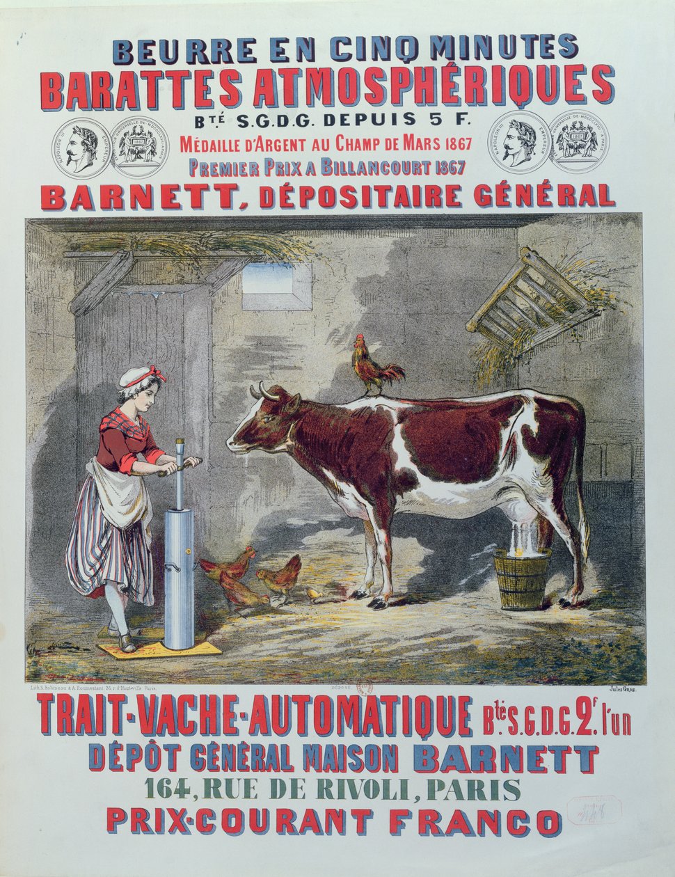 Anuncio para la batidora atmosférica y la máquina de ordeño automática, de Maison Barnett, París, c.1867 de Jules Gras