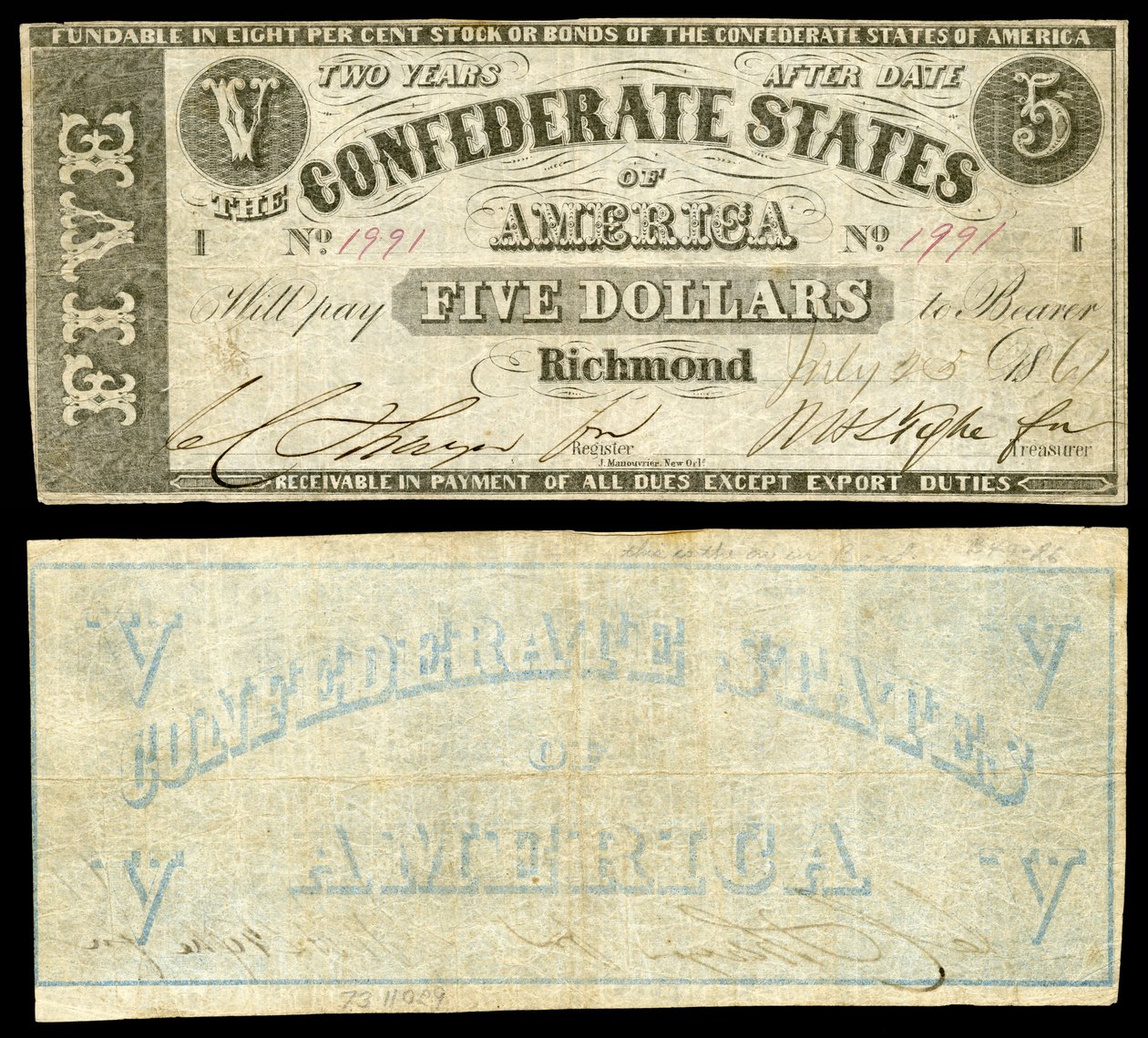 Segunda serie de billetes de $5 de los Estados Confederados de América. Estados Confederados de América en el frente, único billete emitido en 1861 con reverso impreso. de Jules Manouvrier