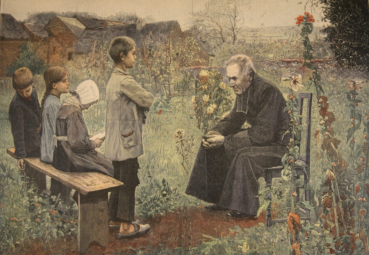 Sacerdote enseñando el catecismo a los niños, ilustración de 