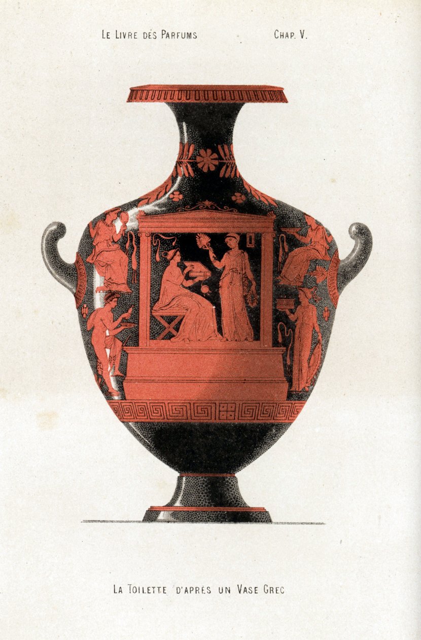 Vaso griego decorando a una mujer en su tocador con una caja de cosméticos y perfumes asistida por una esclava que agita un abanico de Jules (after) Cheret