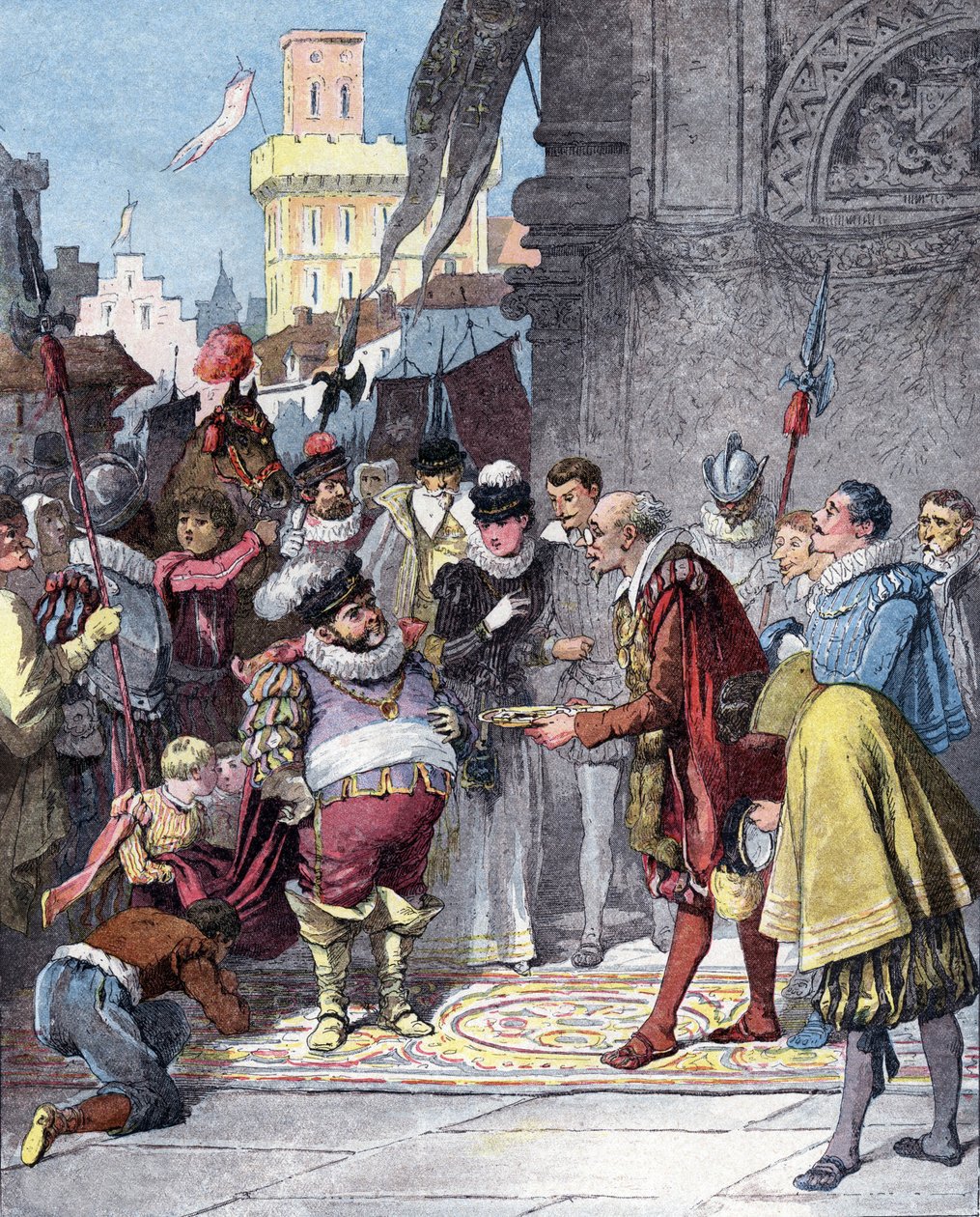 Sancho Panza nombrado gobernador de la isla Barataria, ilustración del libro de Miguel de Cervantes "Histoire de Don Quichotte", grabado según Jules David de Jules (after) David