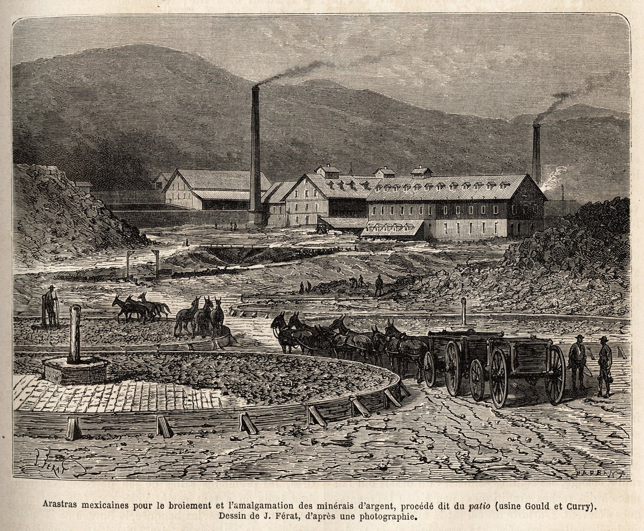 Arastras mexicanas (área pisoteada por los pies de las mulas, como para el pisado del trigo) para la molienda y amalgamación de minerales de plata (fábricas de Gould y Curry) en las cercanías de Virginia City (Nevada), grabado después del dibujo de J.Ferat de Jules (after) Ferat