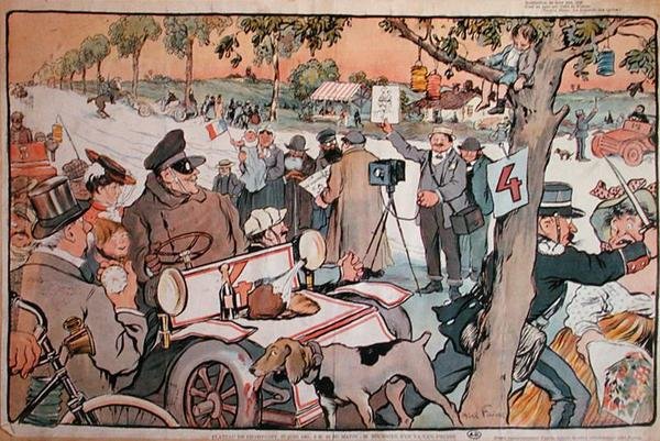 Caricatura de M. Fournier partiendo en el rally París-Berlín de Jules Abel Faivre