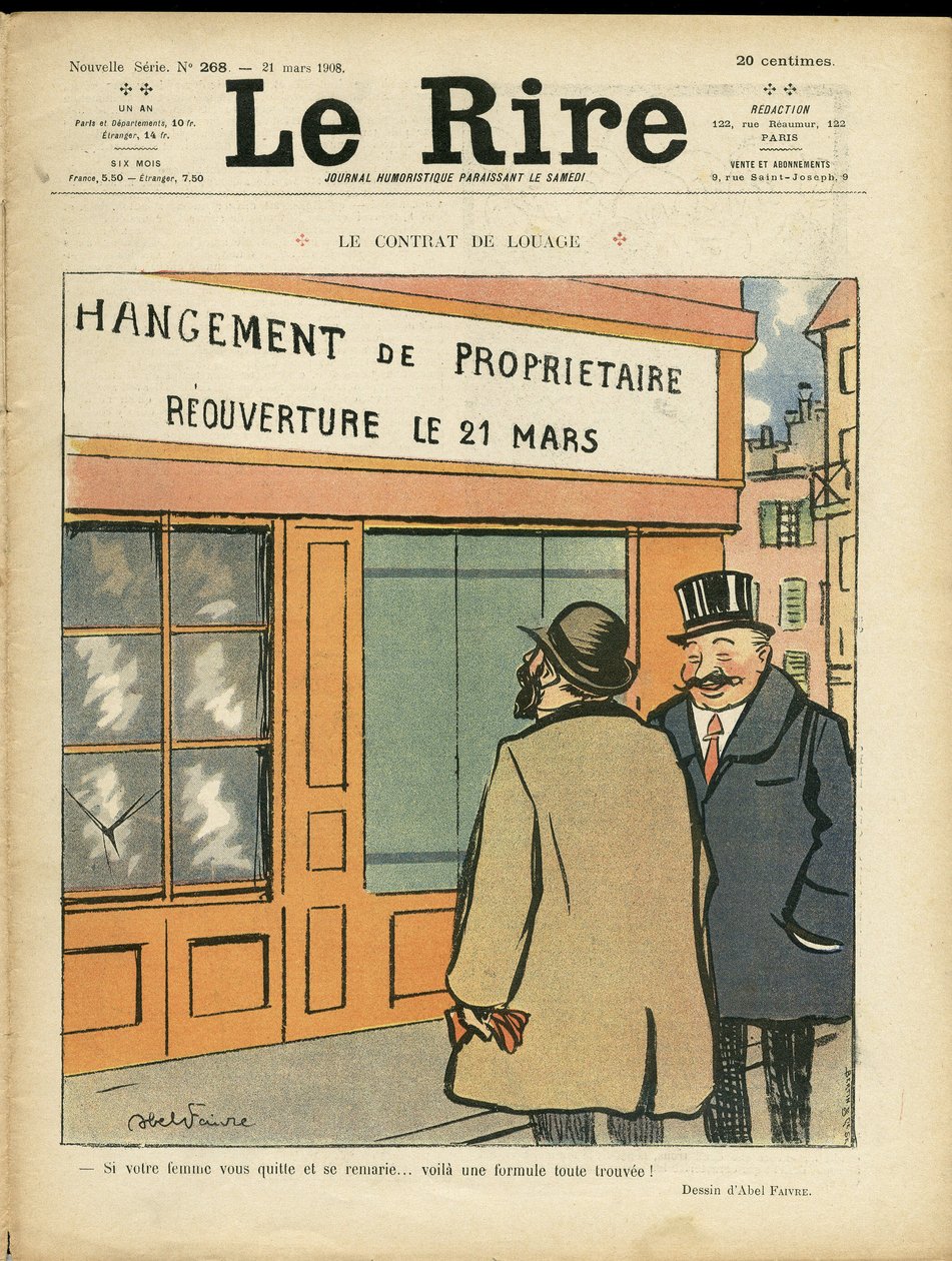 Ilustración de Abel Faivre (1867-1945) para la portada de Le Rire, 21/03/08 - El contrato de alquiler - Arquitectura Urbanística, Boda, Adulterio, Tiendas de Jules Abel Faivre