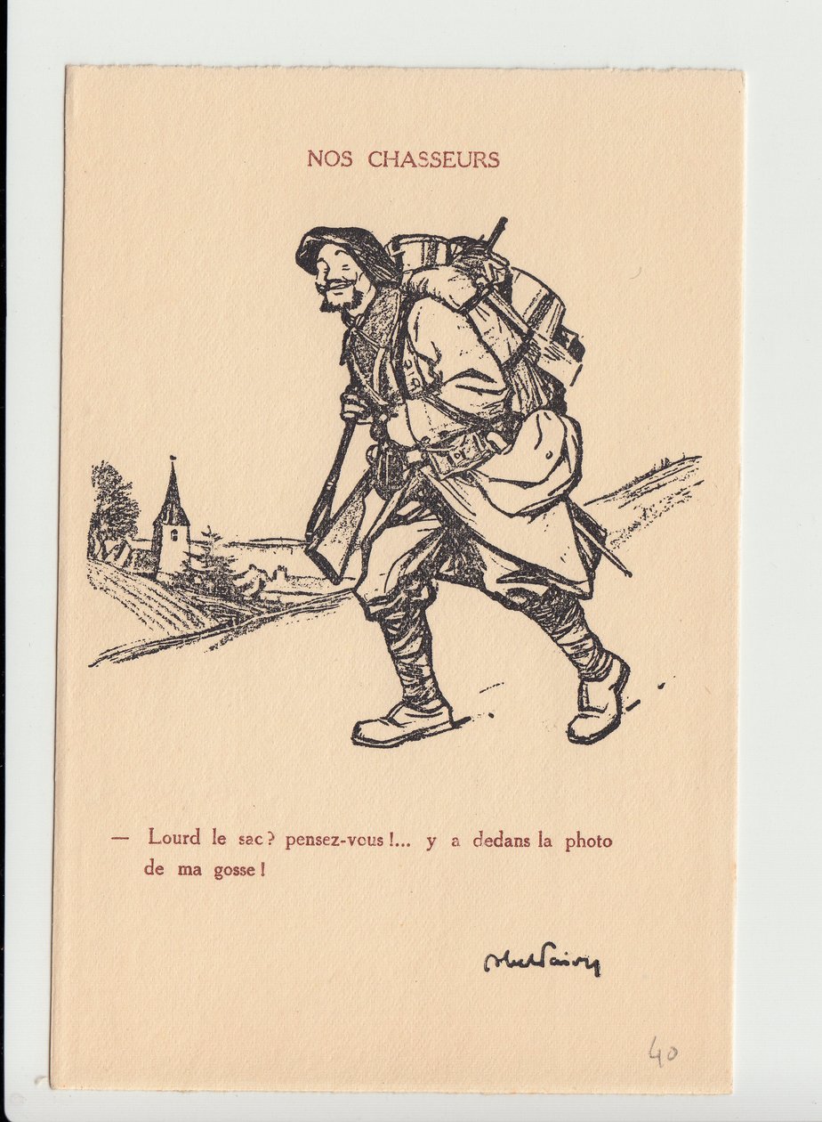 Postal, Satírica en N & B, ca. 1915: Nuestros Cazadores - Guerra del 14-18, Fotografía, Paternidad, Mermelada de cráneos - Soldados, Cazadores Alpinos Ilustración de Abel Faivre (1867-1945) de Jules Abel Faivre