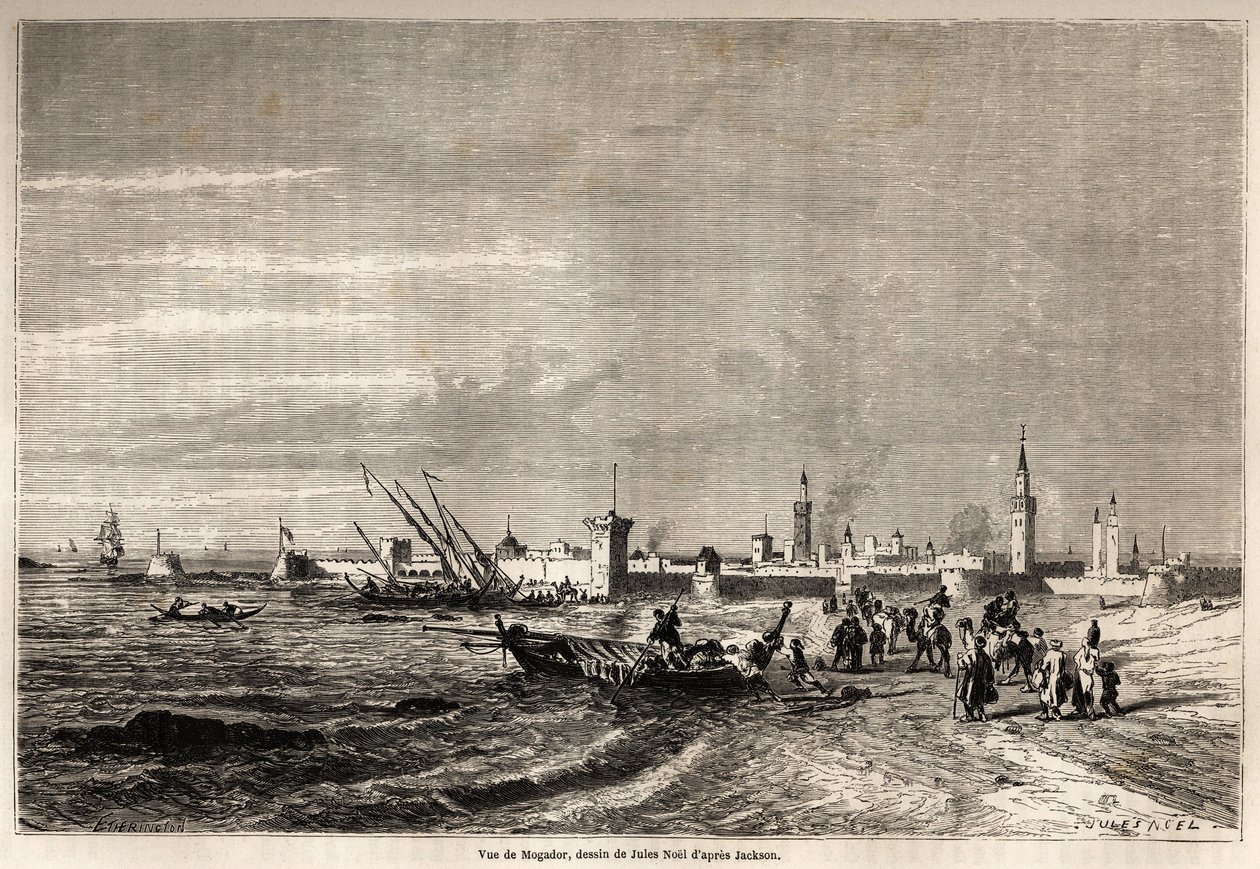 Vista de Essaouira (anteriormente Mogador), dibujo de Jules Noel (1810-1881), para ilustrar el viaje de Mr.F. Schickler a Marruecos en 1860. Grabado en “Le tour du monde, nuevo diario de viajes” París de Jules Achille Noel