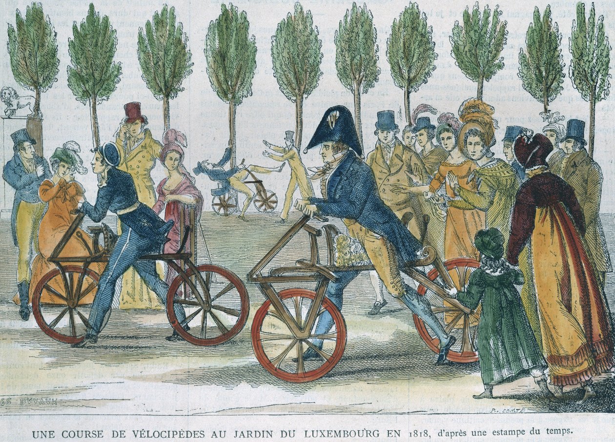 Una carrera de velocípedos en el Jardín de Luxemburgo en 1818 después de un grabado de la época, grabado por P. Comte (siglo XIX) de Jules Antoine Duvaux