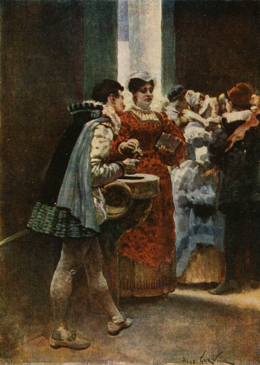 A la entrada de una iglesia, Panurgo dando agua benita a una mujer. Pantagruel. Ilustración de Jules Garnier. En "Rabelais et l