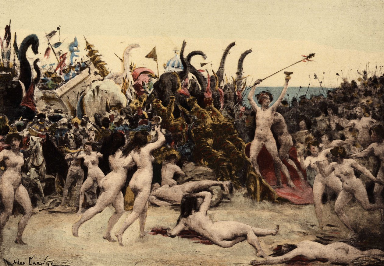 Baco (Dionysos, Bacco) y su ejército atacan al ejército indio de Jules Arsene Garnier