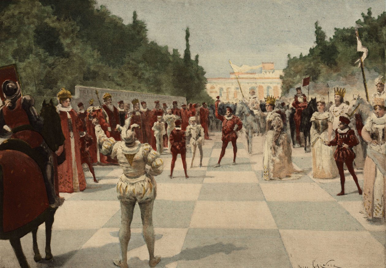 Baile organizado por la Reina en forma de partida de ajedrez en la que los peones son seres humanos. Reino de Entelechie. Pantagruel. Ilustración de Jules Garnier. En "Rabelais et l