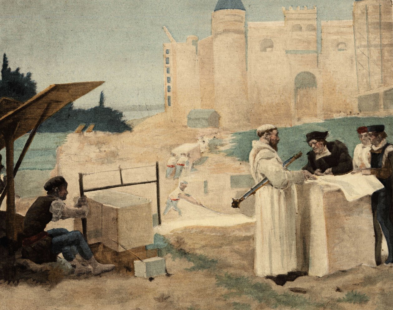 El hermano Jean, monje de la abadía de Seuille, supervisa la construcción de la abadía de Theleme. Gargantúa. Ilustración de Jules Garnier. En "Rabelais et l